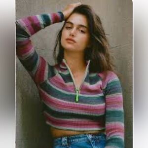 Urban Outfitters Multicolor Lexi Striped Quarter-Zip Cropped Jumper